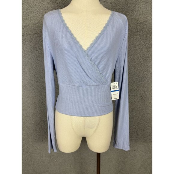 Sugar Moon Juniors' Cozy Ribbed Wrap Top Delicate Lace Trim Blue Extra Large NWT - Picture 1 of 8
